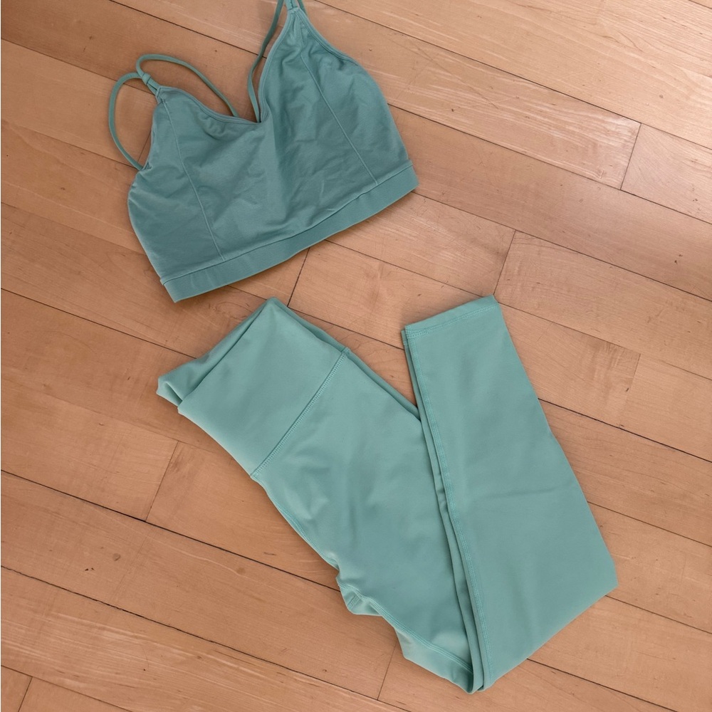 Seafoam green leggings and sports bra from Fabletics